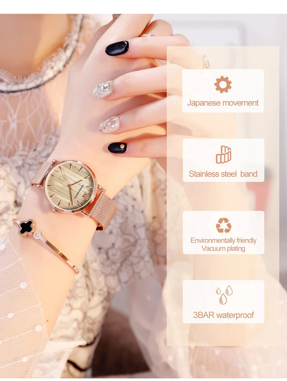 women watch rose gold waterproof quartz stainless steel elegant stylish