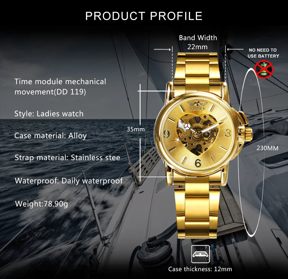 WINNER Women Skeleton Automatic Gold Watch