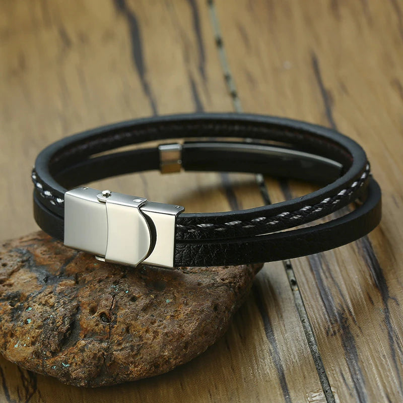 Vnox Leather Bracelet Men Women Stainless Steel Layered