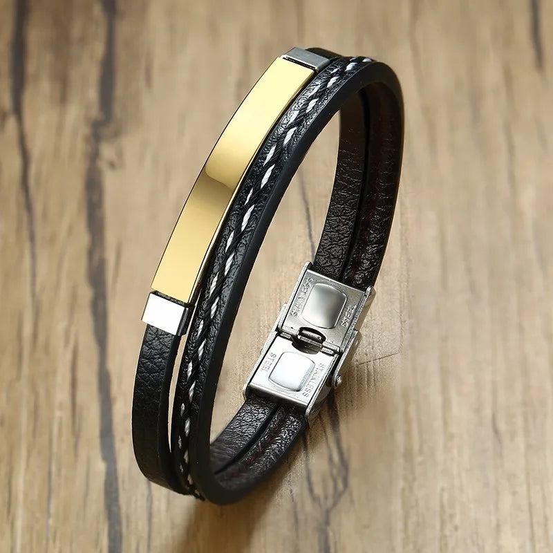 Vnox Leather Bracelet Men Women Stainless Steel Layered
