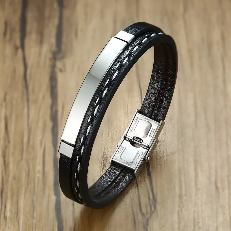 Vnox Leather Bracelet Men Women Stainless Steel Layered
