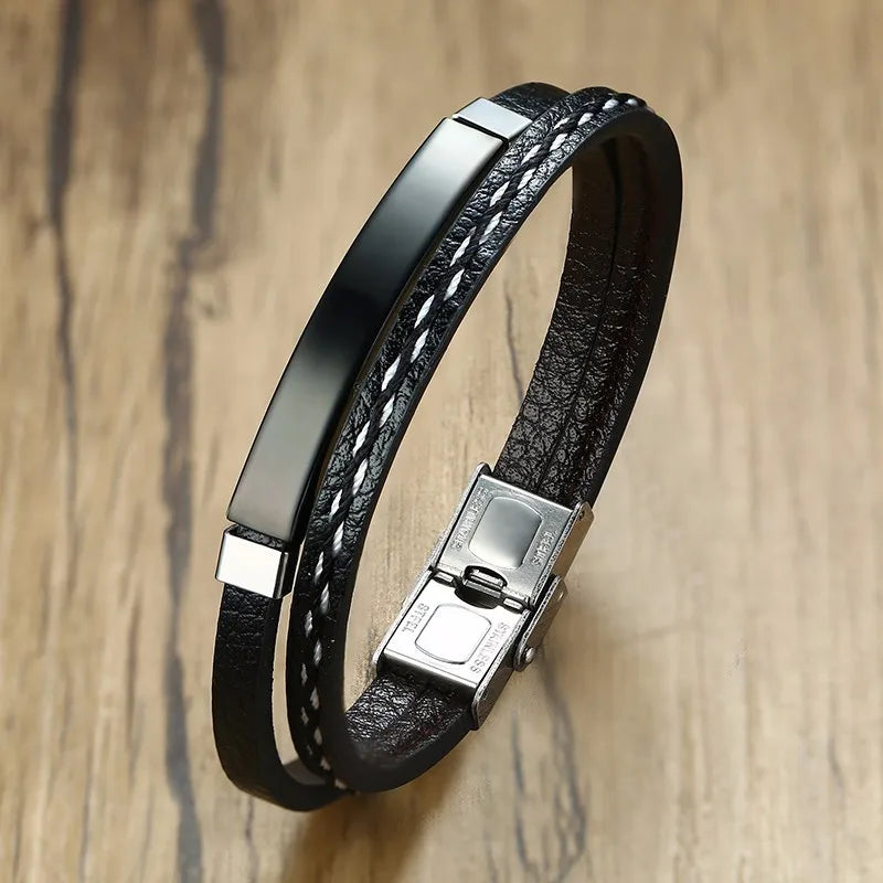 Vnox Leather Bracelet Men Women Stainless Steel Layered