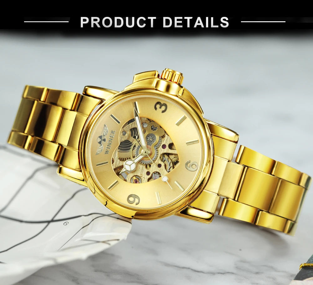 WINNER Women Skeleton Automatic Gold Watch