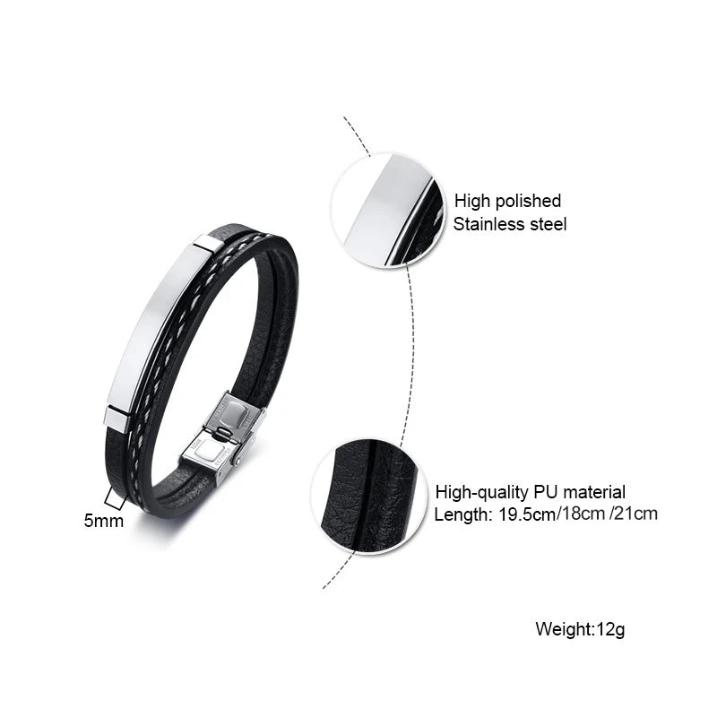 Vnox Leather Bracelet Men Women Stainless Steel Layered