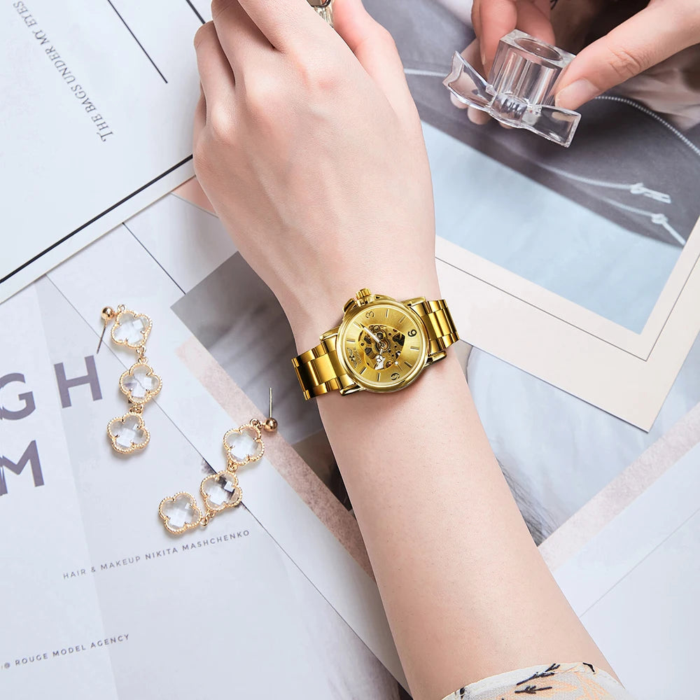 WINNER Women Skeleton Automatic Gold Watch