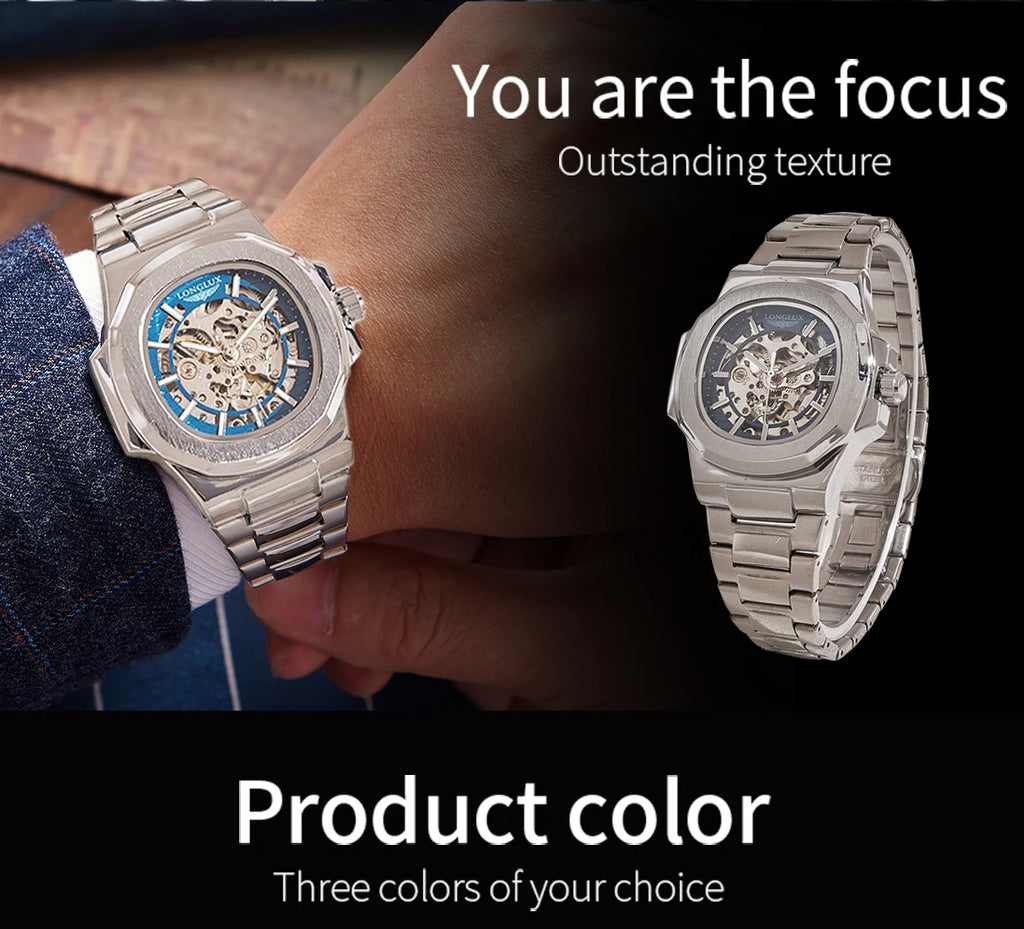 Men automatic mechanical luxury waterproof skeleton stainless steel watch