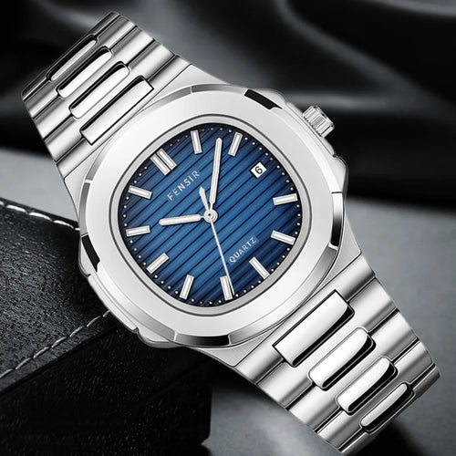 A modern men’s quartz watch with a square dial and calendar