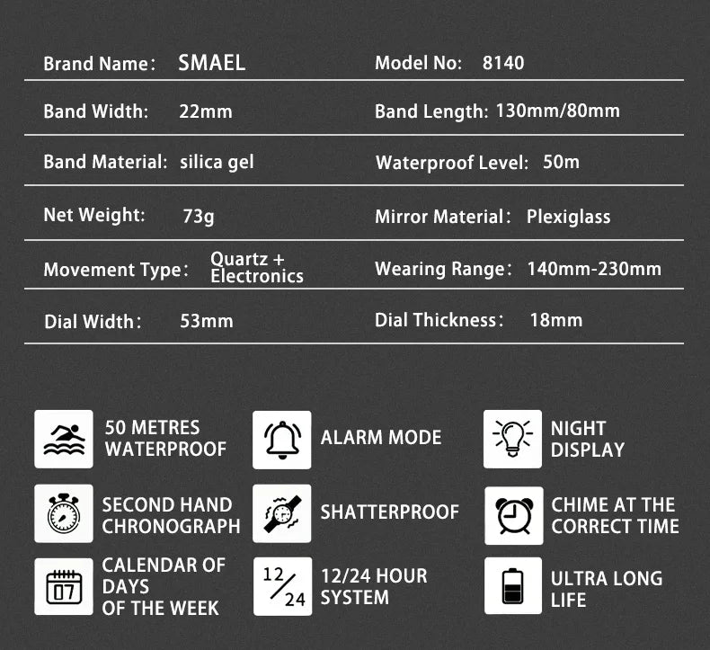 SMAEL Waterproof Quartz Sport Alarm Watch Nightlight