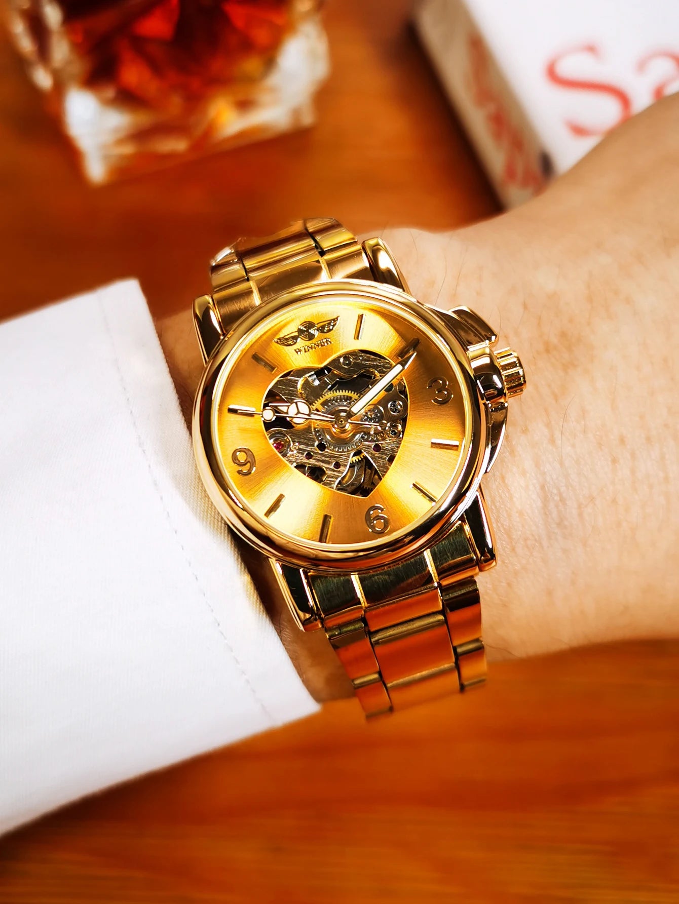 WINNER Women Skeleton Automatic Gold Watch