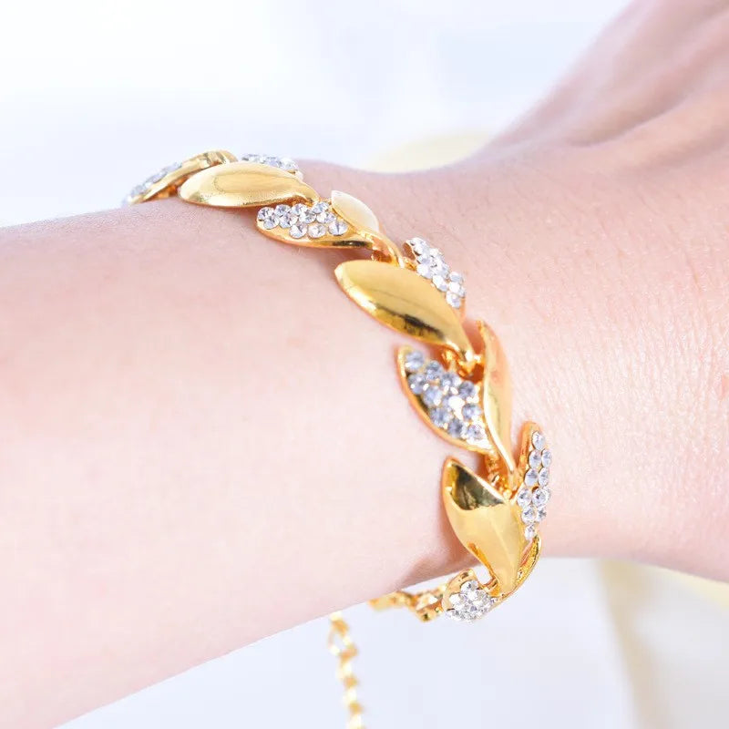 HipHop Leaf Bracelet Women Gold Crystal Adjustable Jewelry