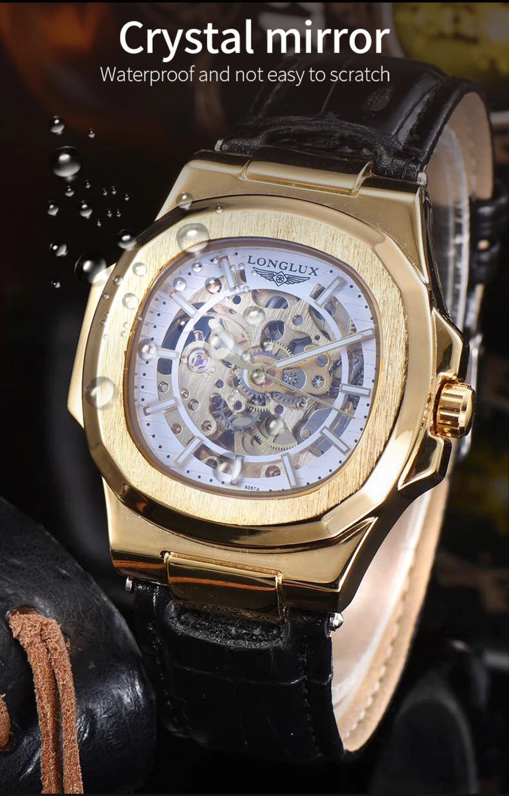 LONGLUX automatic mechanical watch luxury waterproof leather mens