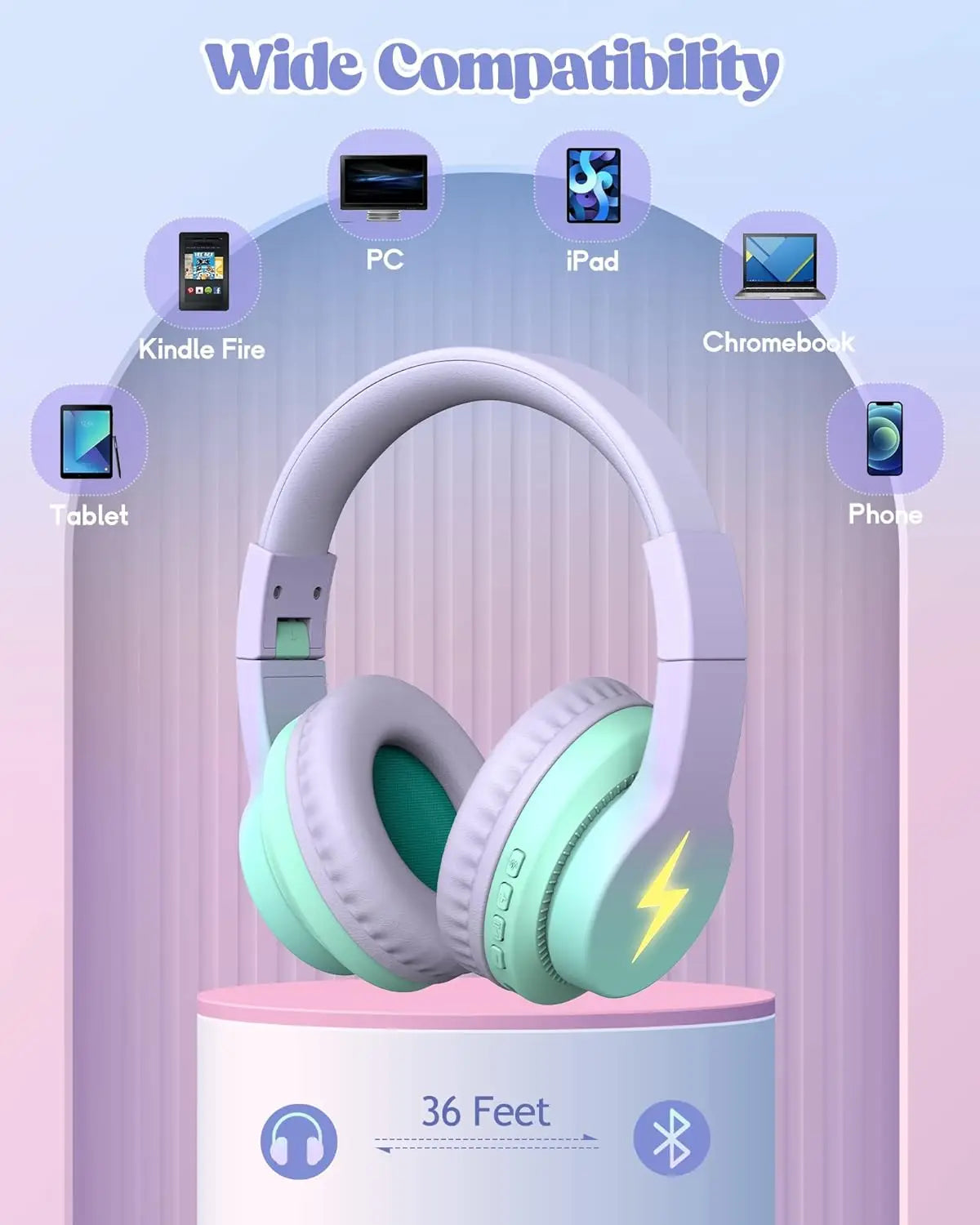 kids bluetooth headphones led over ear mic tablet