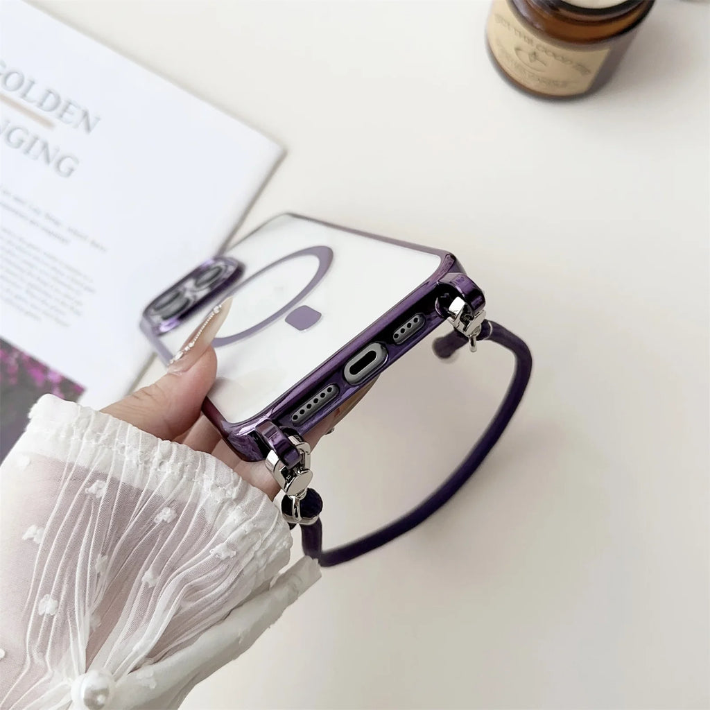 MagSafe clear magnetic iPhone case with lanyard strap