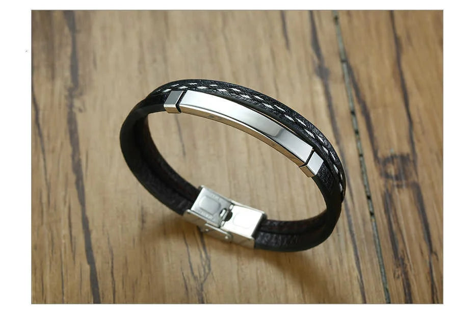 Vnox Leather Bracelet Men Women Stainless Steel Layered