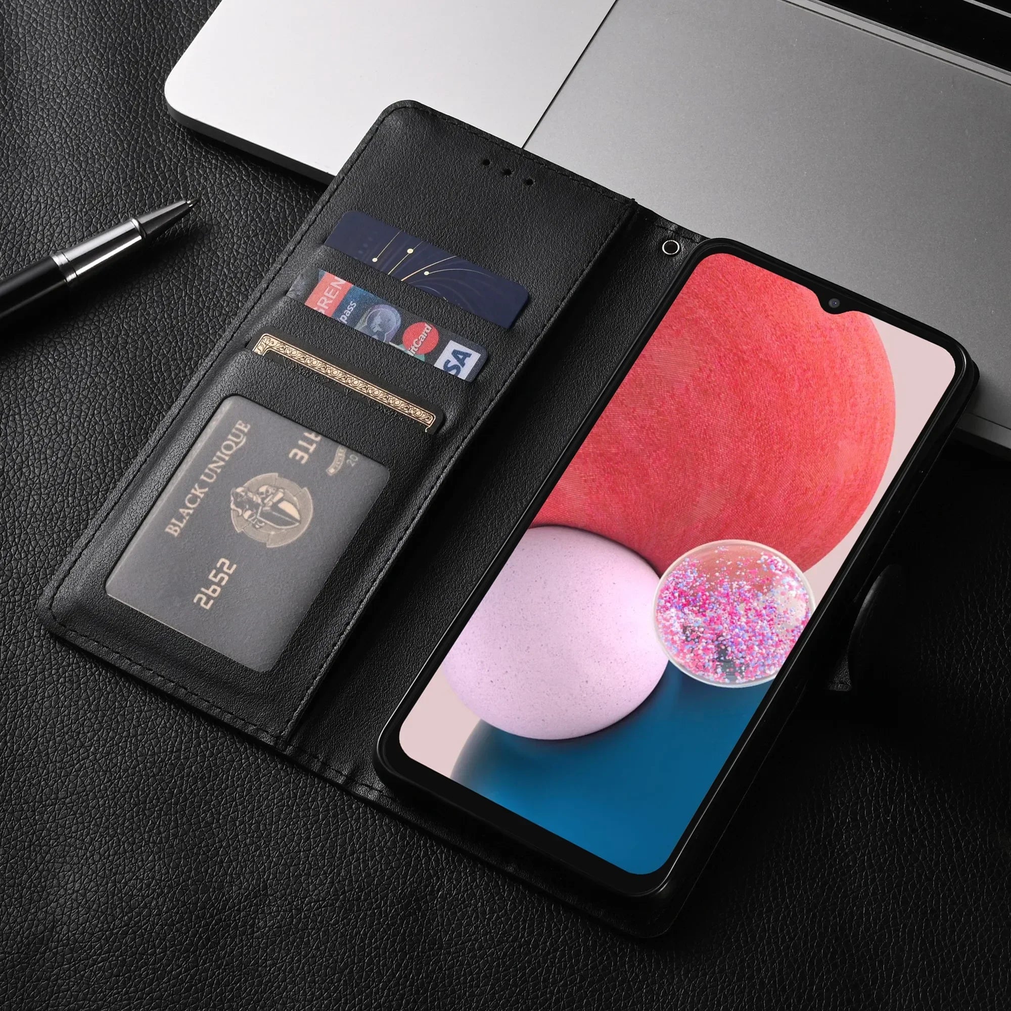 Leather flip wallet case for Samsung phone models
