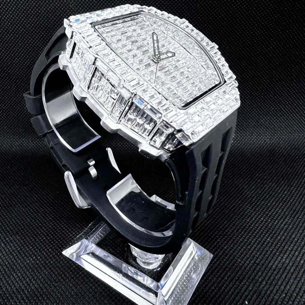 Luxury Men Square Diamond Quartz Watch Rubber Band