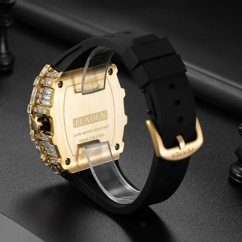 Luxury Men Square Diamond Quartz Watch Rubber Band