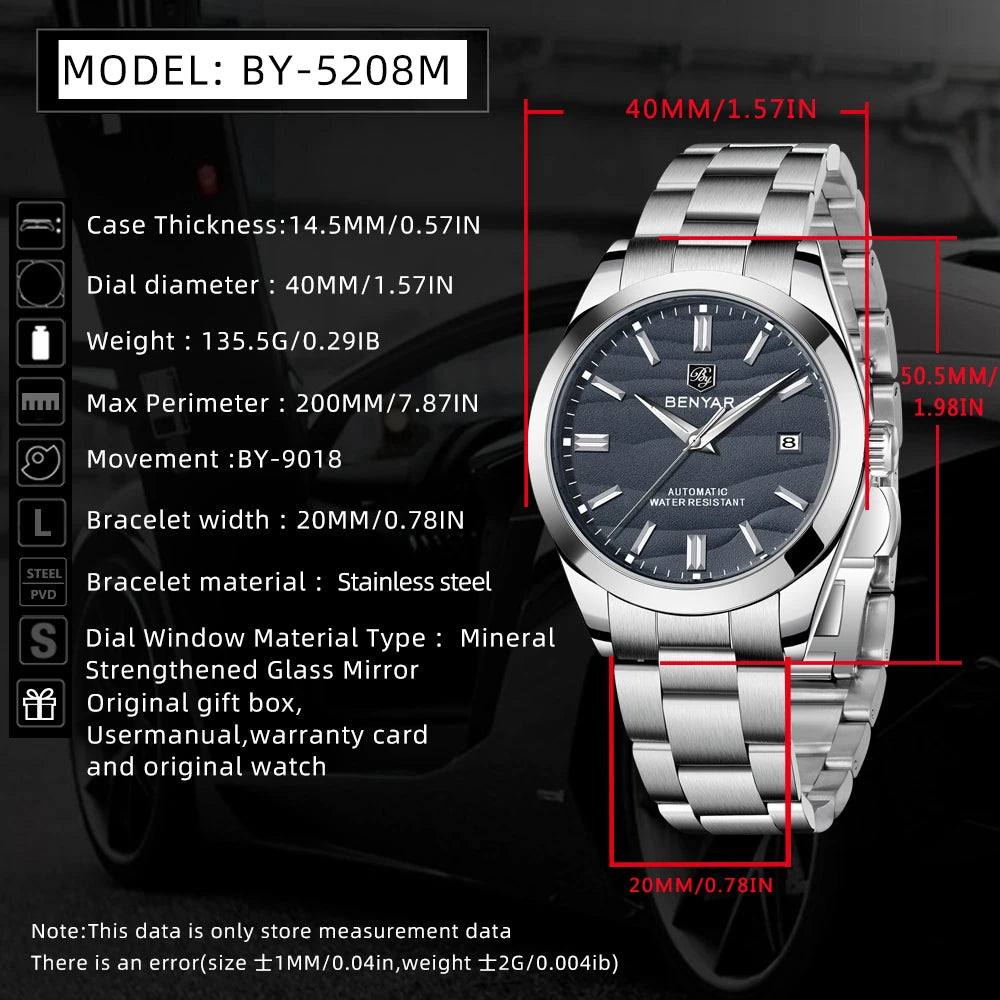 Benyar Mechanical Watch 40mm Stainless Steel Waterproof Men