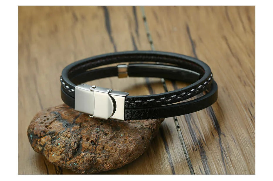 Vnox Leather Bracelet Men Women Stainless Steel Layered