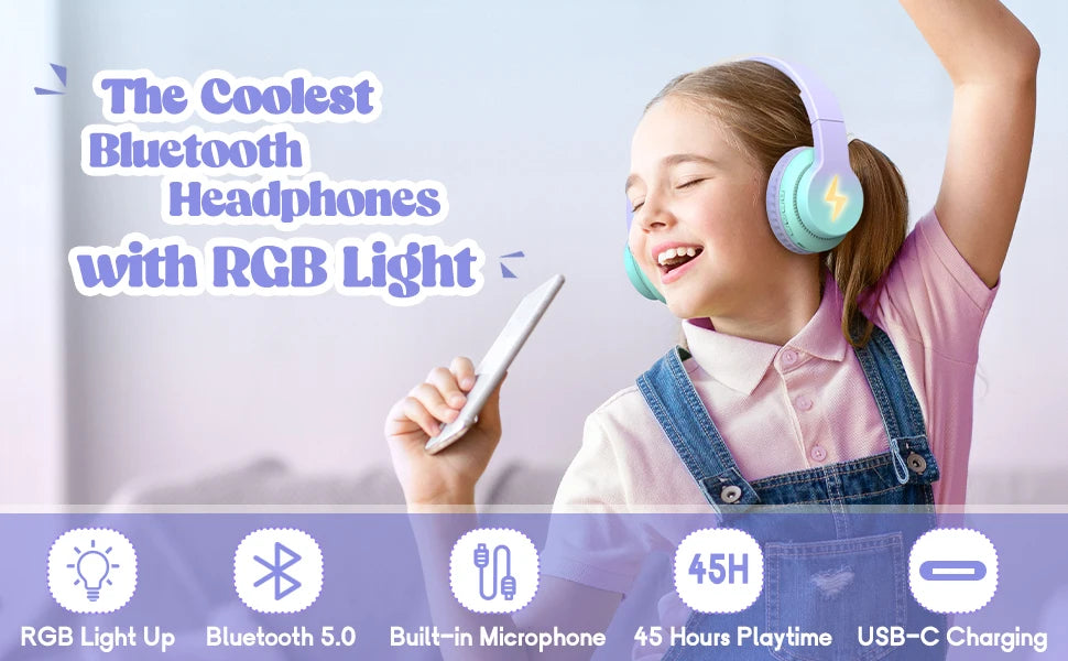 kids bluetooth headphones led over ear mic tablet