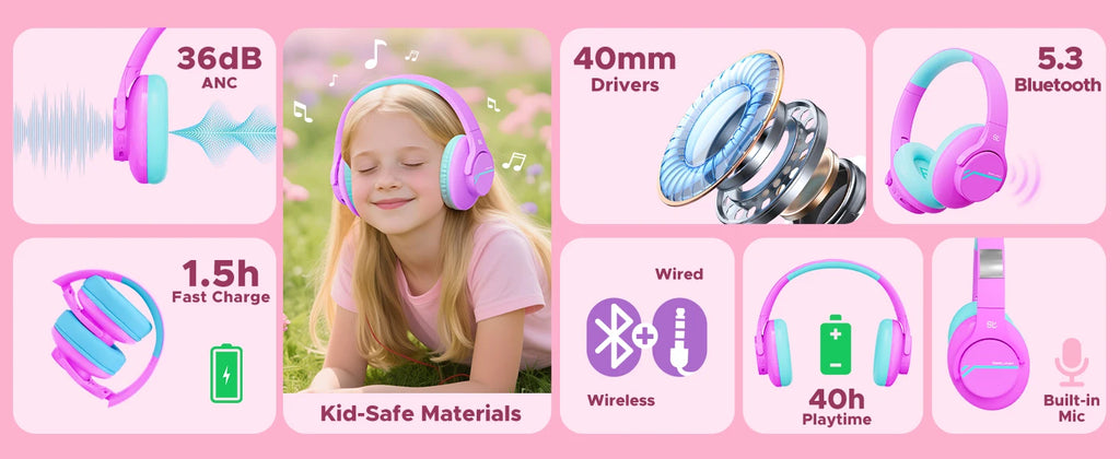 Kids Wireless Bluetooth ANC Headphones Noise Cancelling Travel