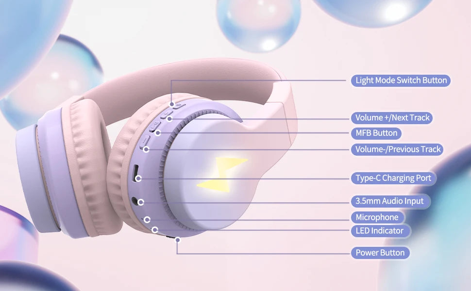 kids bluetooth headphones led over ear mic tablet