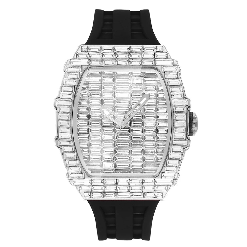 Luxury Men Square Diamond Quartz Watch Rubber Band