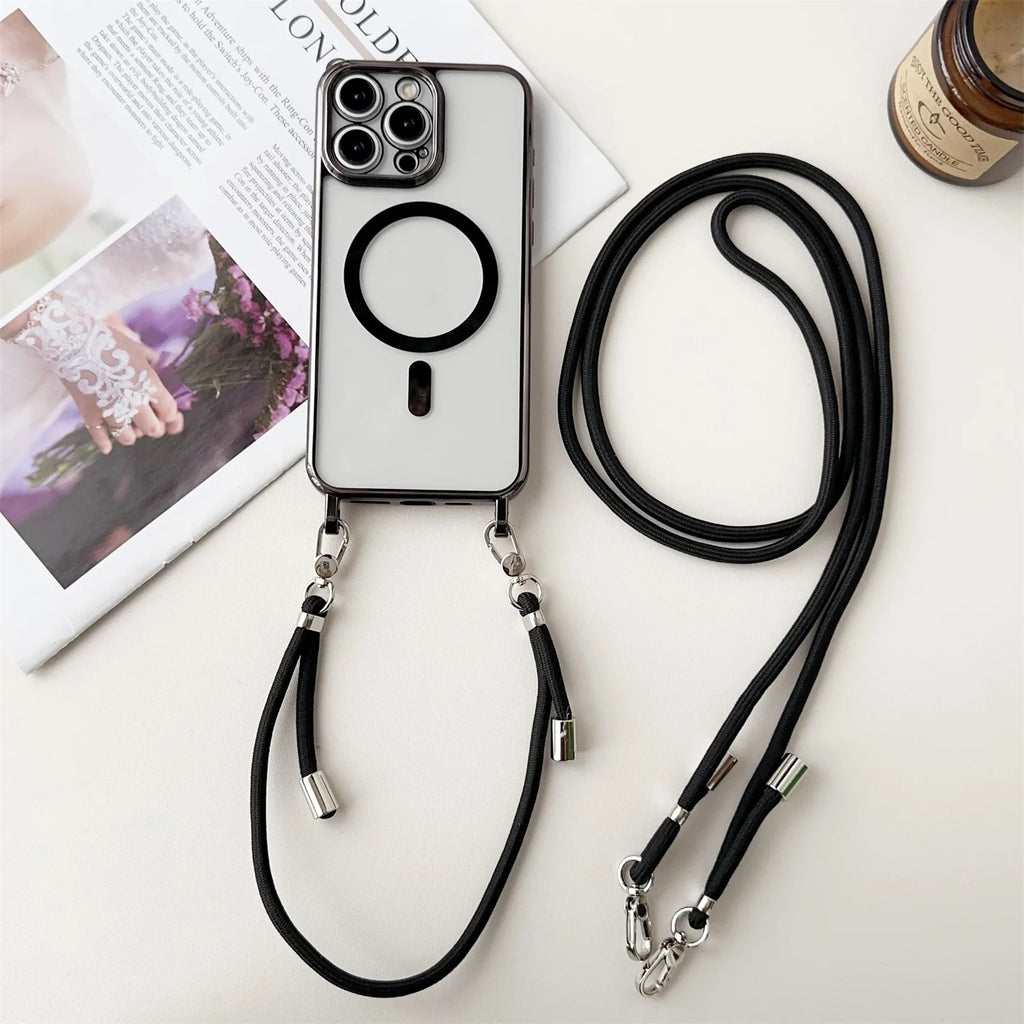 MagSafe clear magnetic iPhone case with lanyard strap
