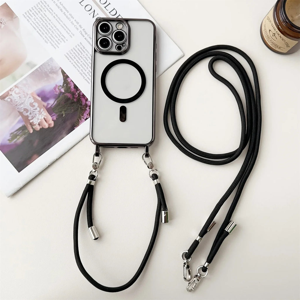 MagSafe clear magnetic iPhone case with lanyard strap