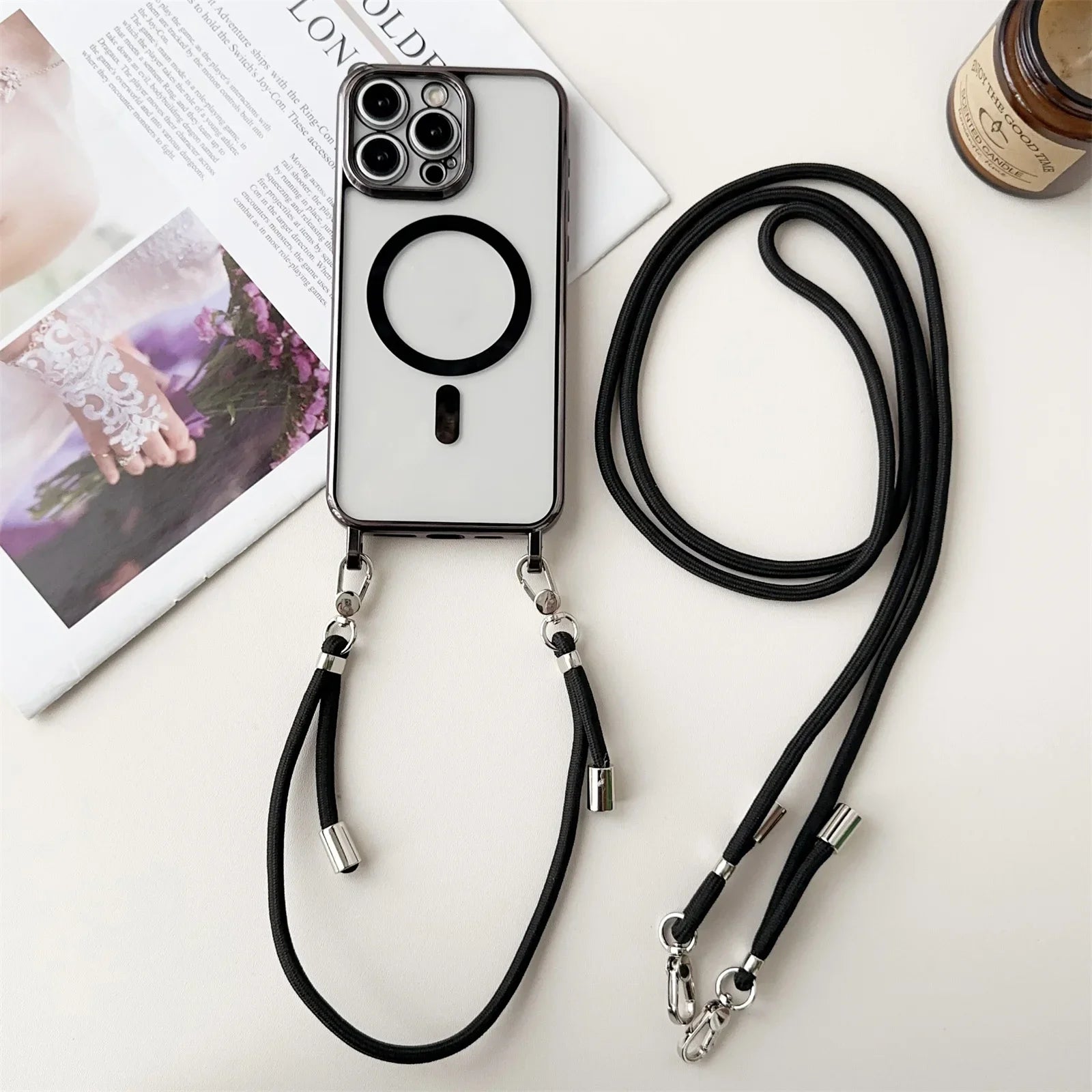 MagSafe clear magnetic iPhone case with lanyard strap