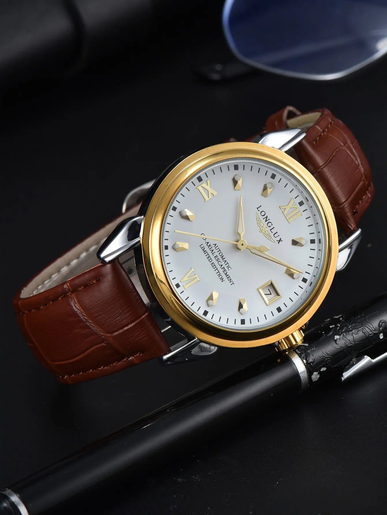 Men automatic mechanical watch waterproof leather date gift