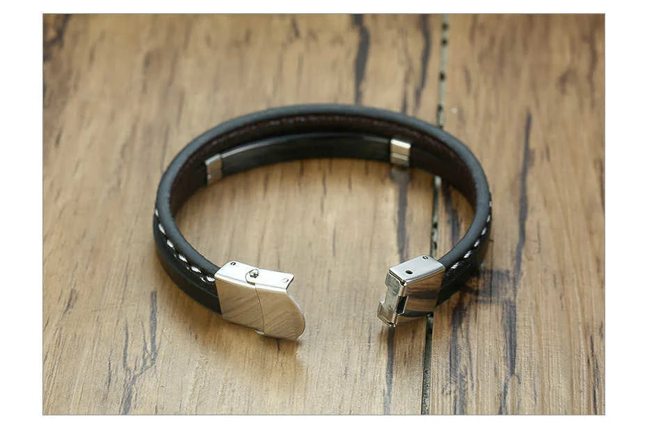 Vnox Leather Bracelet Men Women Stainless Steel Layered