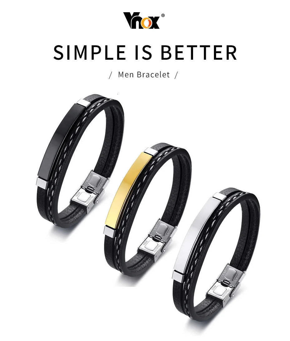 Vnox Leather Bracelet Men Women Stainless Steel Layered