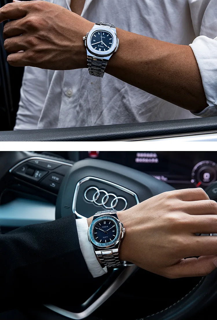 A modern men’s quartz watch with a square dial and calendar