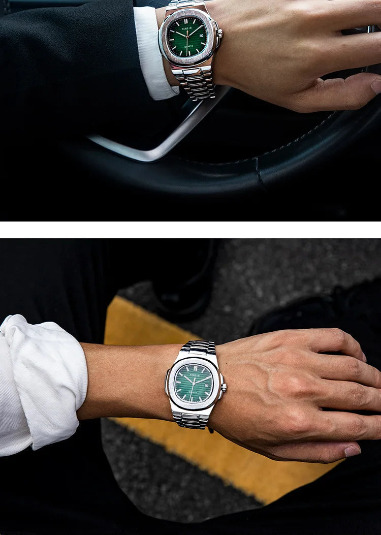 A modern men’s quartz watch with a square dial and calendar