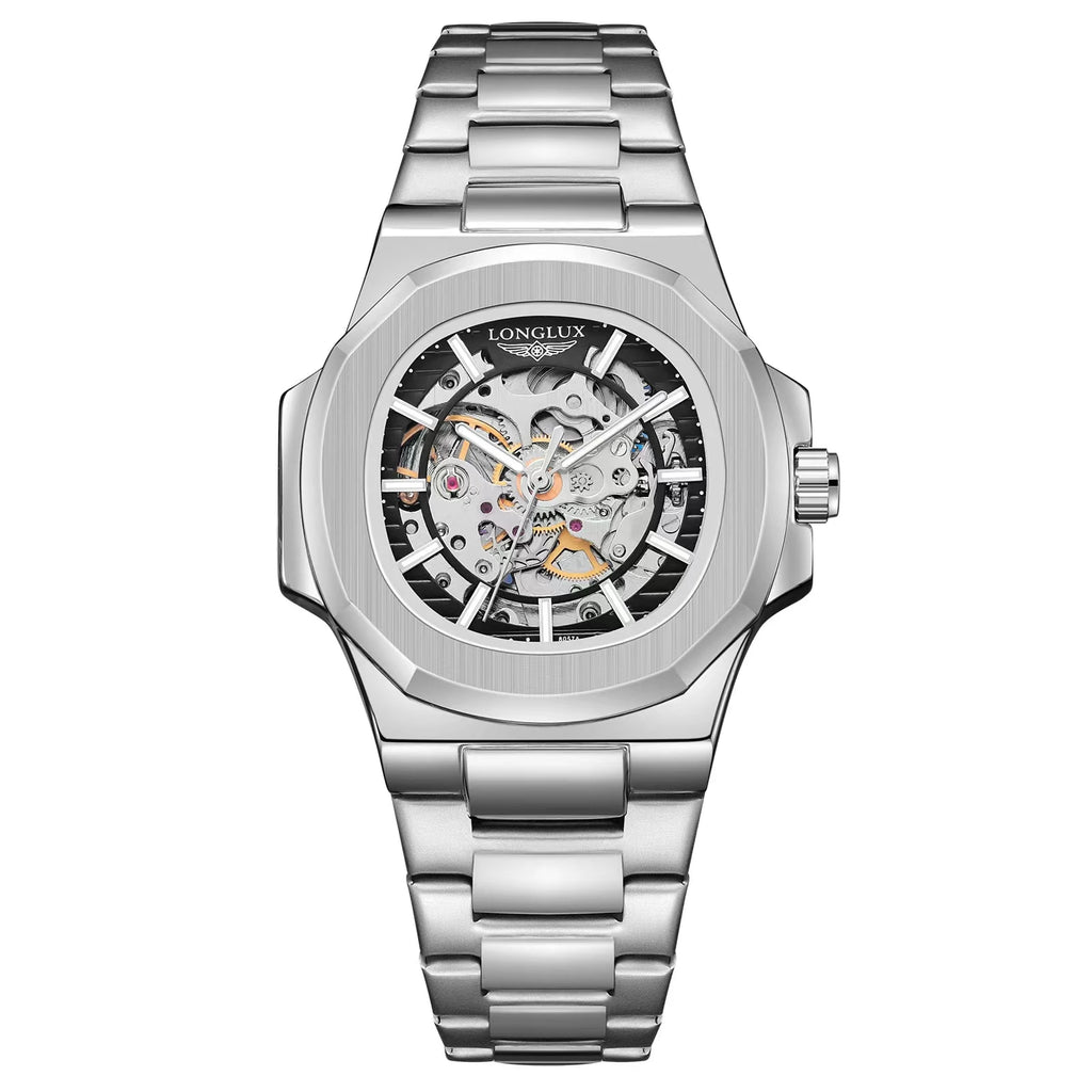 Men automatic mechanical luxury waterproof skeleton stainless steel watch