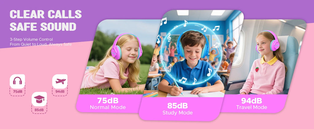 Kids Wireless Bluetooth ANC Headphones Noise Cancelling Travel