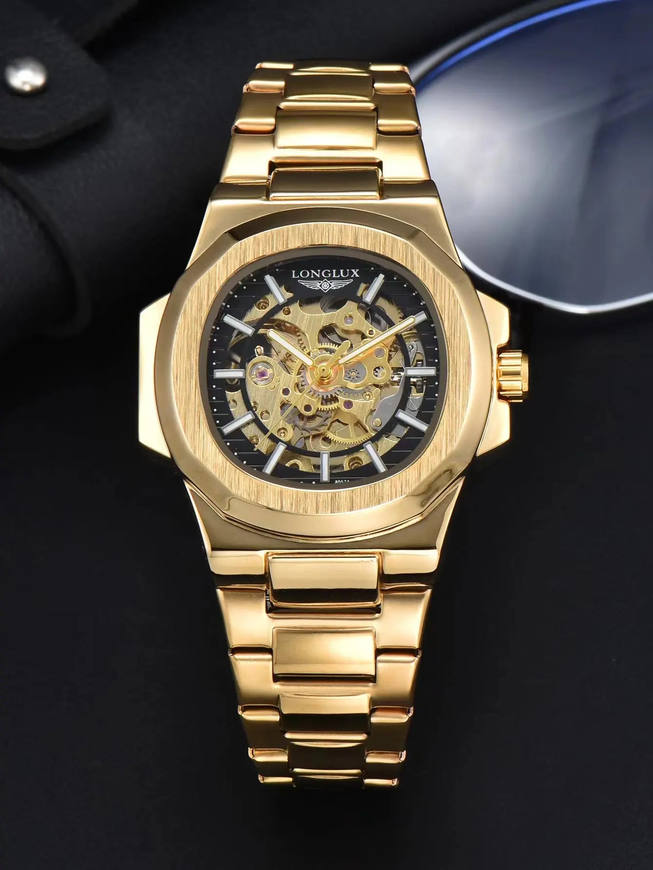 Men automatic mechanical luxury waterproof skeleton stainless steel watch
