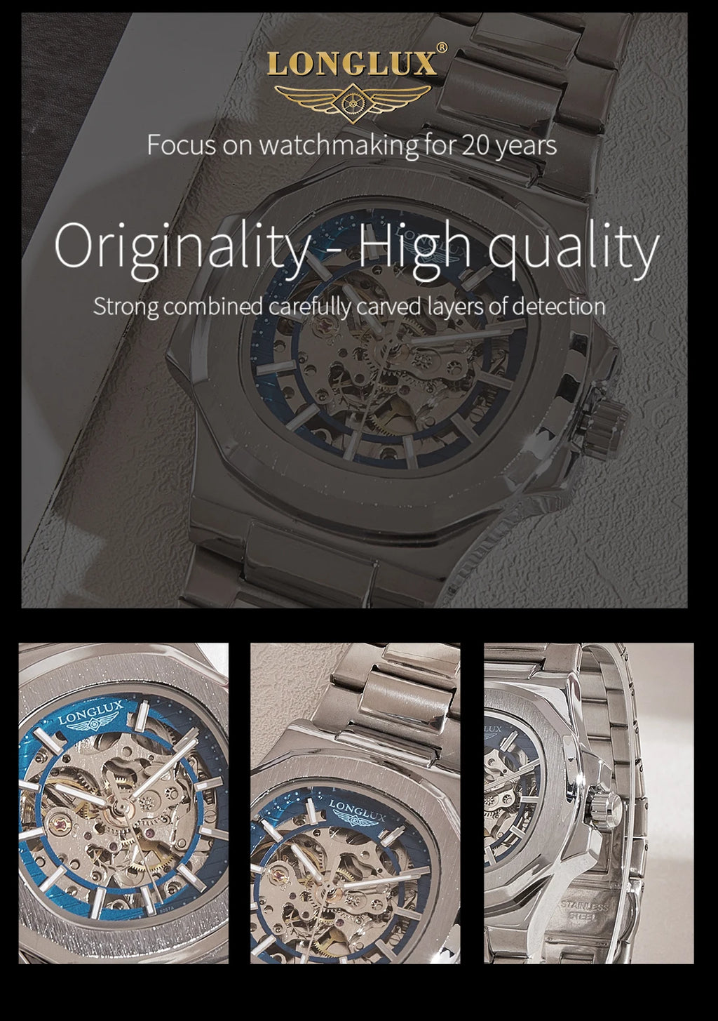 Men automatic mechanical luxury waterproof skeleton stainless steel watch