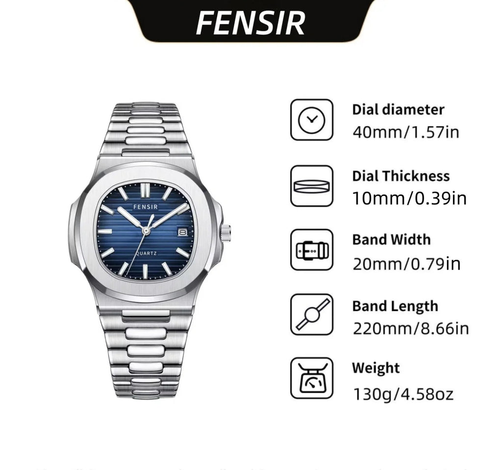 A modern men’s quartz watch with a square dial and calendar