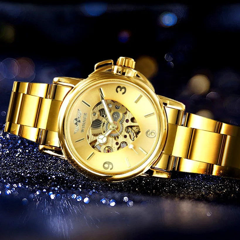 WINNER Women Skeleton Automatic Gold Watch