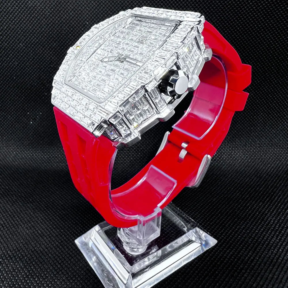 Luxury Men Square Diamond Quartz Watch Rubber Band
