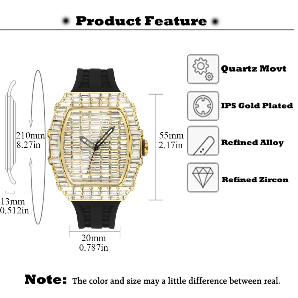 Luxury Men Square Diamond Quartz Watch Rubber Band