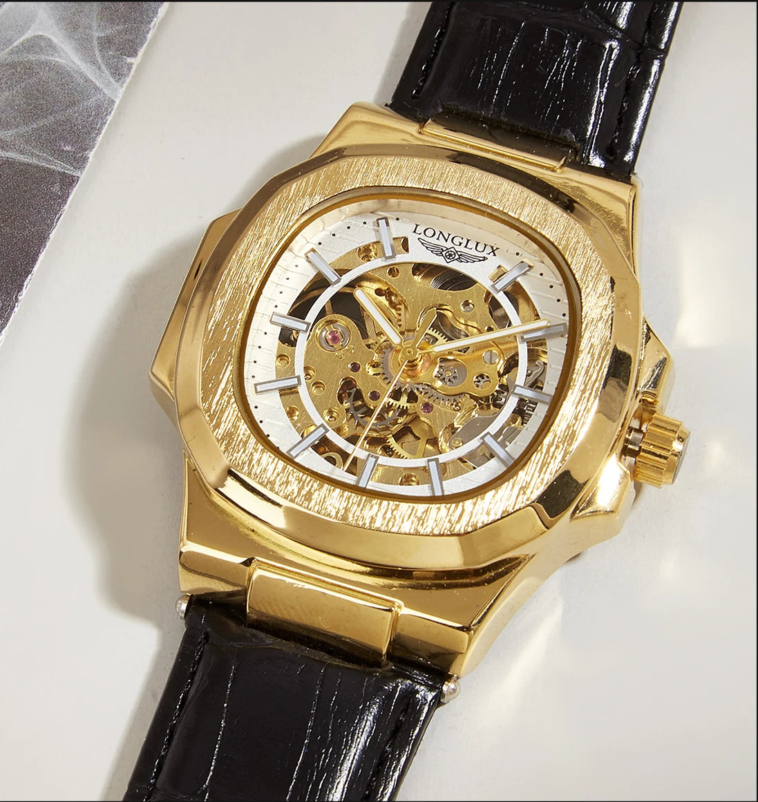 LONGLUX automatic mechanical watch luxury waterproof leather mens