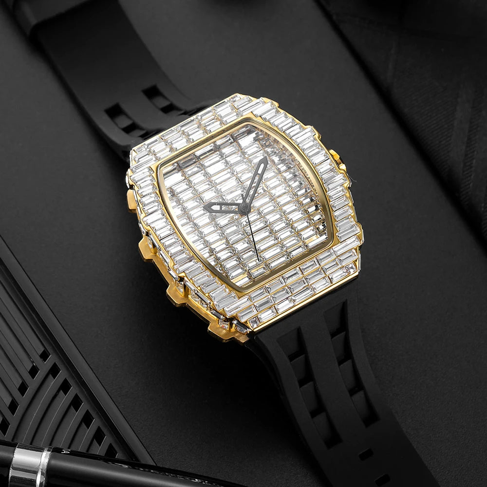 Luxury Men Square Diamond Quartz Watch Rubber Band