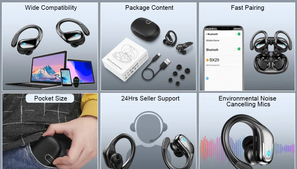 Sport wireless earbuds waterproof noise cancelling stereo longplay