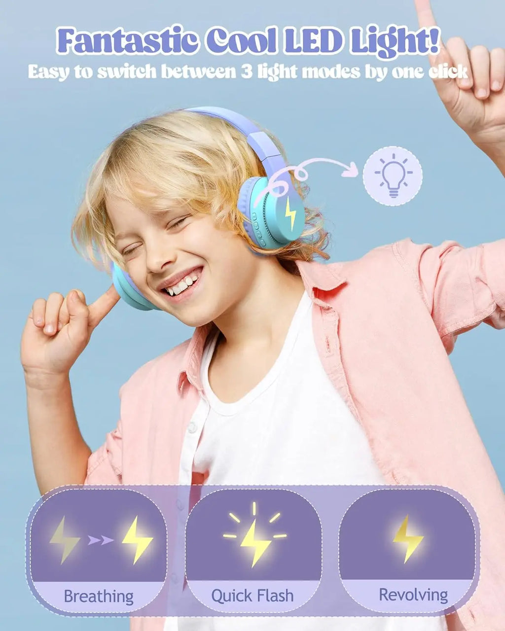 kids bluetooth headphones led over ear mic tablet