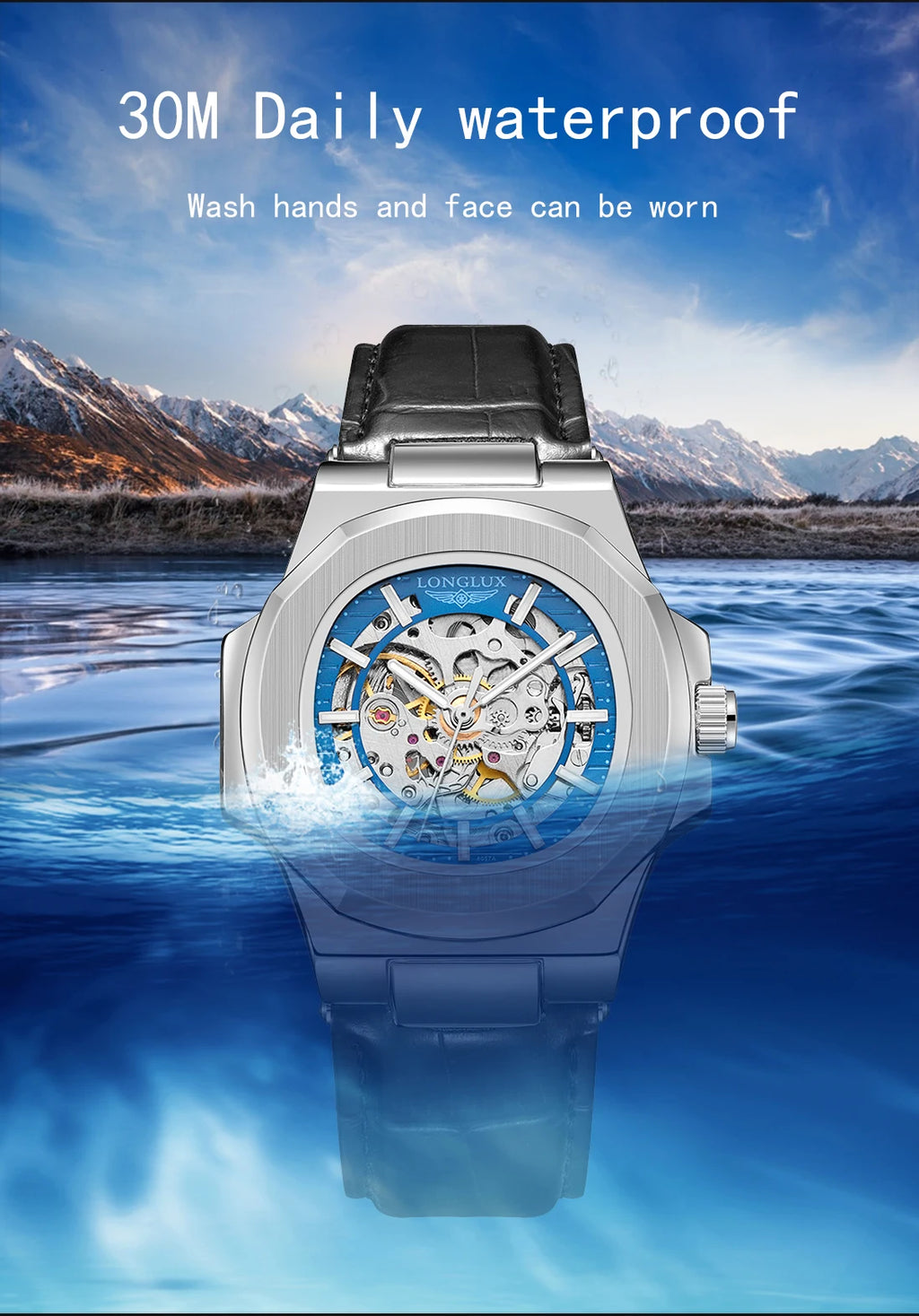 LONGLUX automatic mechanical watch luxury waterproof leather mens