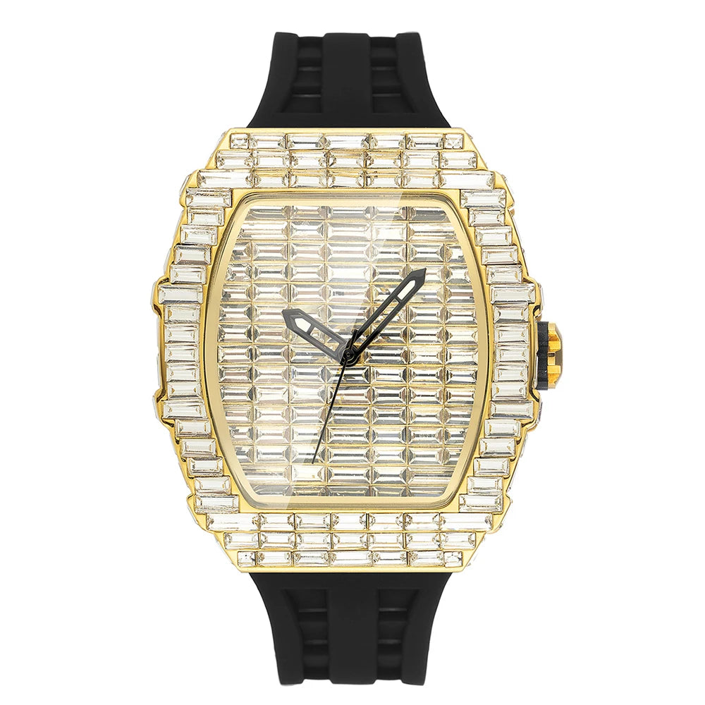 Luxury Men Square Diamond Quartz Watch Rubber Band