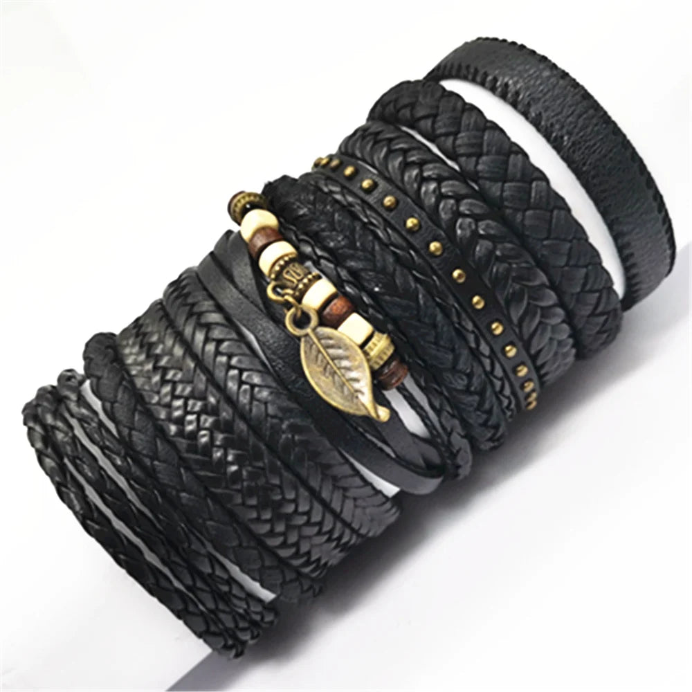 Stylish black woven bracelets handmade leather fashion gift